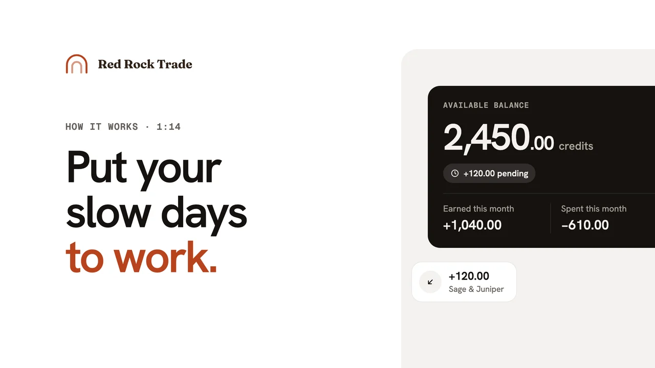 Play the video How Red Rock Trade works, 1 minute 14 seconds: how a business turns its slow days into credits it spends with other local businesses