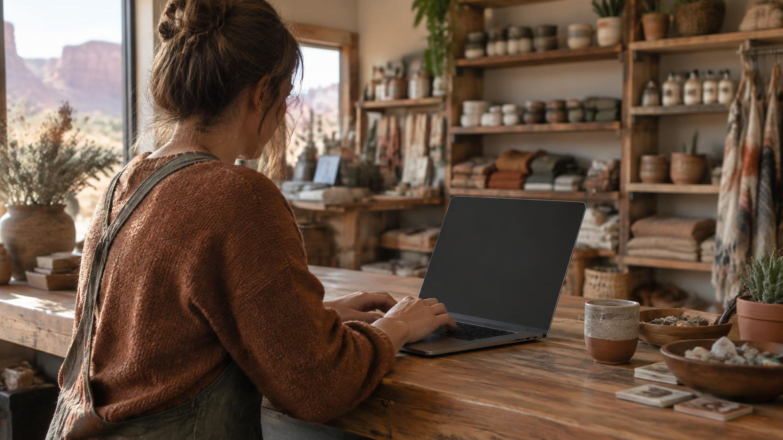 A shop owner, seen from behind, filing online on a laptop at the shop counter