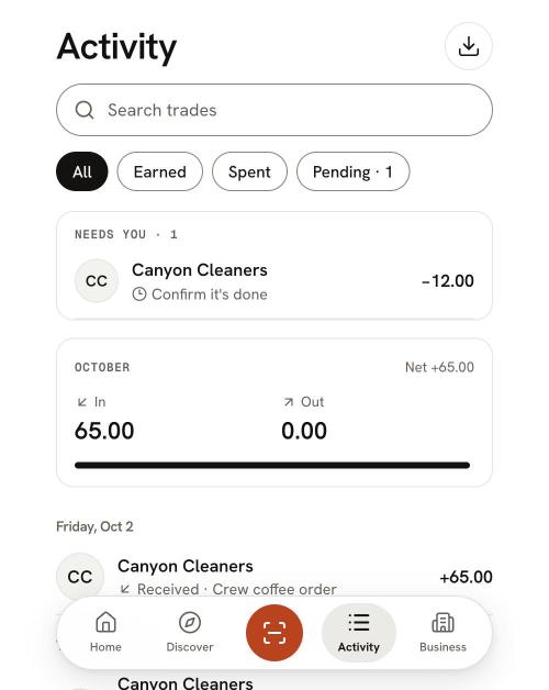 Activity with a Canyon Cleaners trade to confirm under Needs you, the October totals, and recent trades