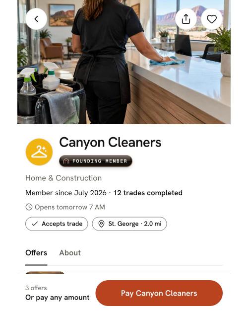 Canyon Cleaners' profile: a founding member since July 2026 with 12 trades completed, and a Pay Canyon Cleaners button