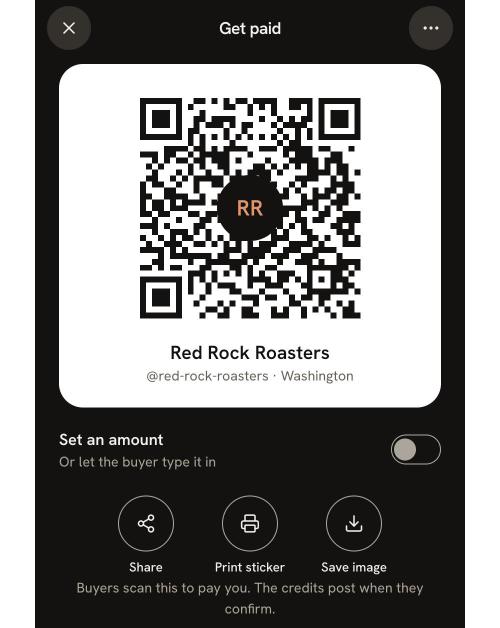 The Get paid screen with Red Rock Roasters' code, a Set an amount switch, and Share, Print sticker and Save image buttons